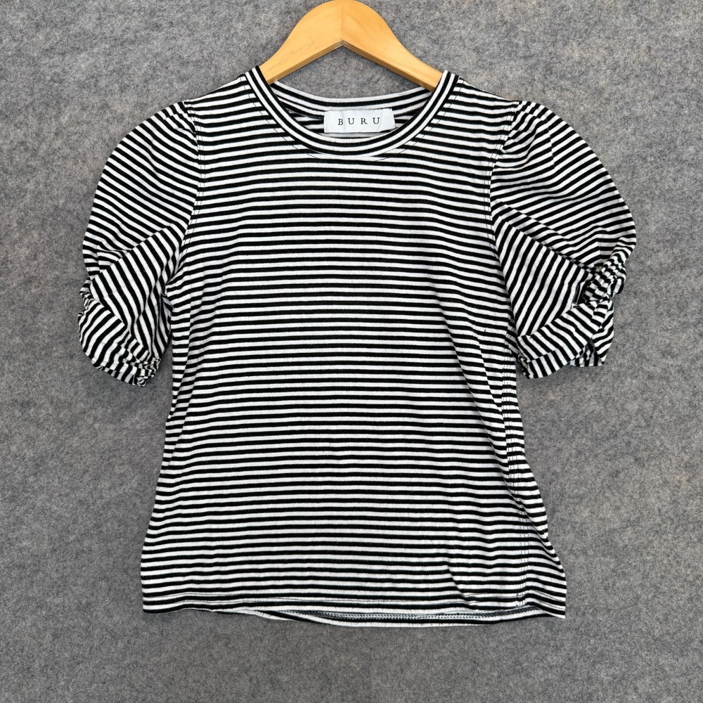 BURU Puff Sleeve Shirt Womens XS Striped Black White Knit Top Twist Hem Designer